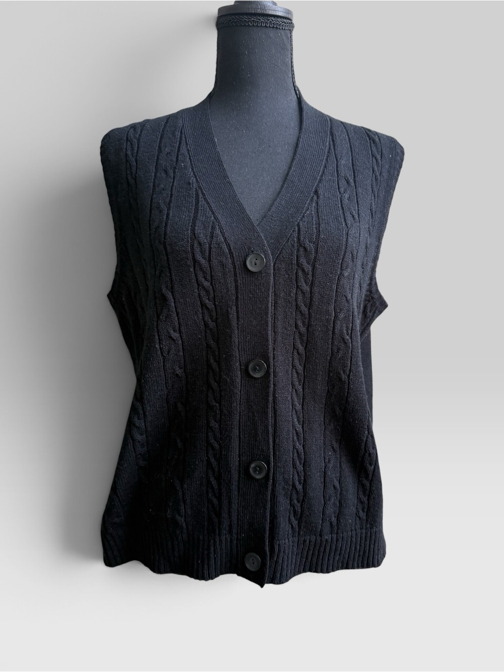 Black Cable-Knit Button Front Sweater Vest